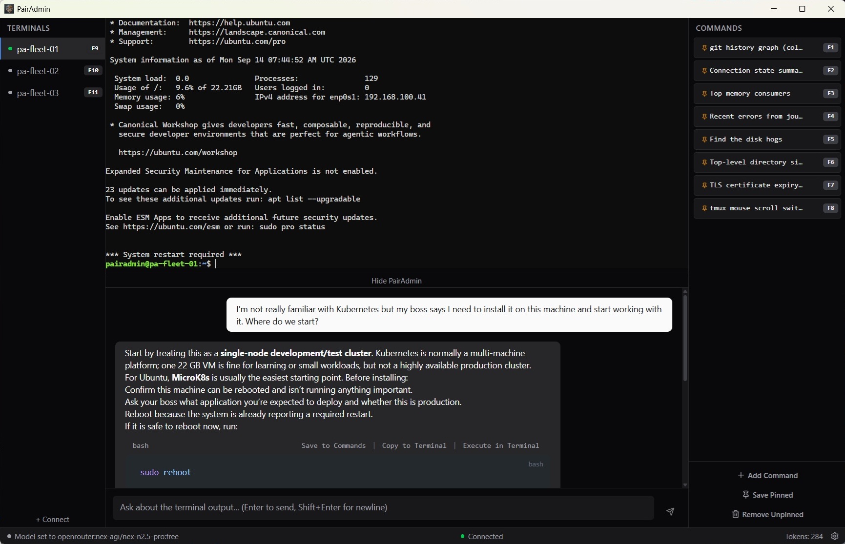 PairAdmin terminal with AI assistant reading the output